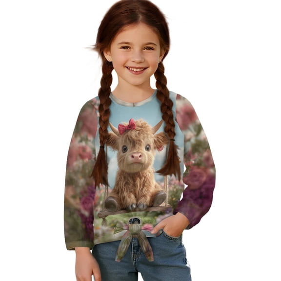Xixirimido Highland Cow Colorful Floral Pattern Girls Casual T-Shirt Crew Neck Tunic Tops Long Sleeve Loose Fit Soft Blouse Tie-hem Tees for Fall Winter, Size 5-6