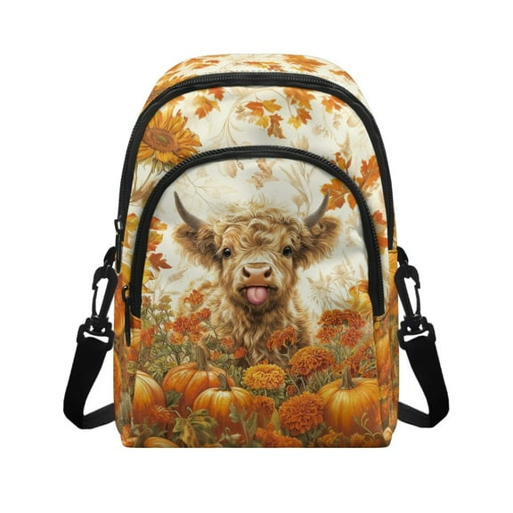 Xixirimido Highland Cow Pumpkin Fall Leaf Pattern Small Sling Bag for Women Crossbody Bags with Adjustable Strap Cell Phone Purse Fanny Pack Chest Bag for Travel Hiking