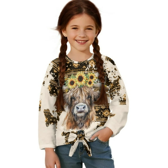 Xixirimido Highland Cow Sunflower Aztec Pattern Girls Long Sleeve Shirts Casual Crew Neck Tunic Tops Tie-hem Basic Tunic Blouses Fashion 3D Graphic Tees, Size 5-6