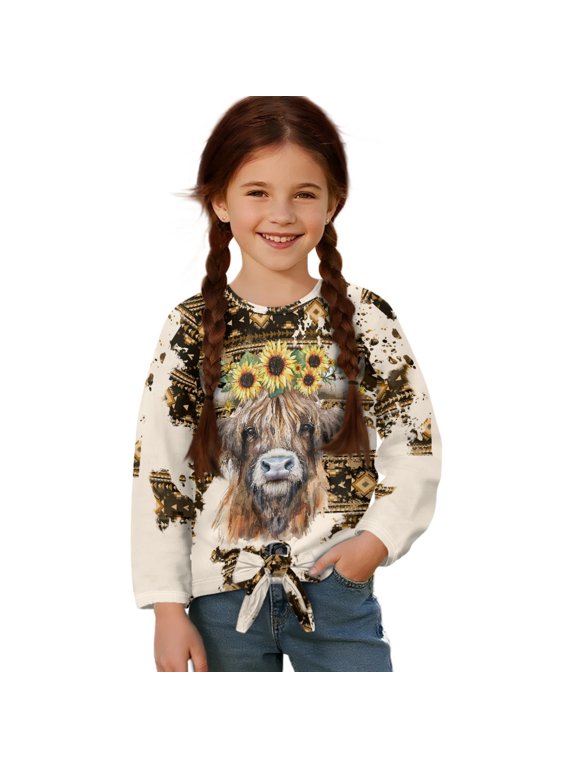 Highland Cow Sunflower Aztec Pattern Girls Long Sleeve Shirts Casual Crew Neck Tunic Tops Tie-hem Basic Tunic Blouses Fashion 3D Graphic Tees, Size 5-6