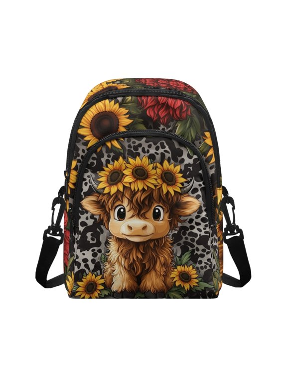 Highland Cow Sunflower Leopard Pattern Small Sling Bag for Women Crossbody Bags Fanny Pack Chest Bag for Travel, Black