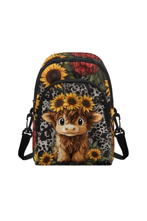 Highland Cow Sunflower Leopard Pattern Small Sling Bag for Women Crossbody Bags Fanny Pack Chest Bag for Travel, Black