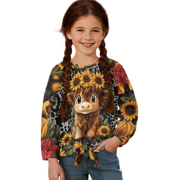 Xixirimido Highland Cow Sunflower Leopard Print Girls Casual Long Sleeve Shirts Knot Tie-hem Tunic Tops Crewneck Tees Blouses Girls Fashion Clothes, Size 5-6