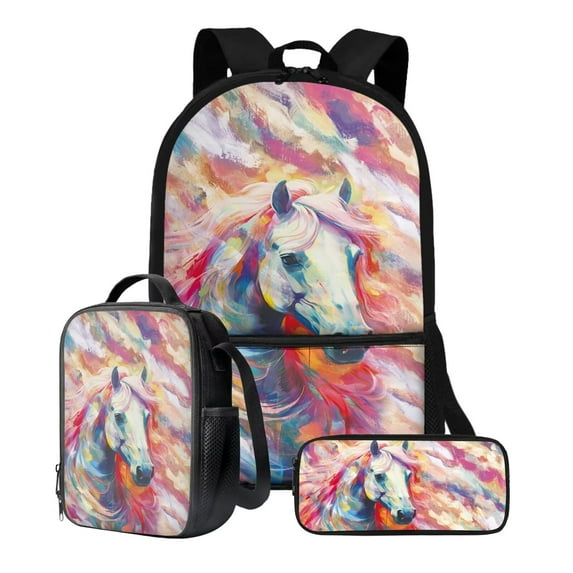 Xixirimido Horse Colored Tie-dye Print Kids Backpack Set for Boys Girls 17in School Backpack & Lunch Bag & Pencil Bag 3 in 1 Set for School Picnic Travel Daypack