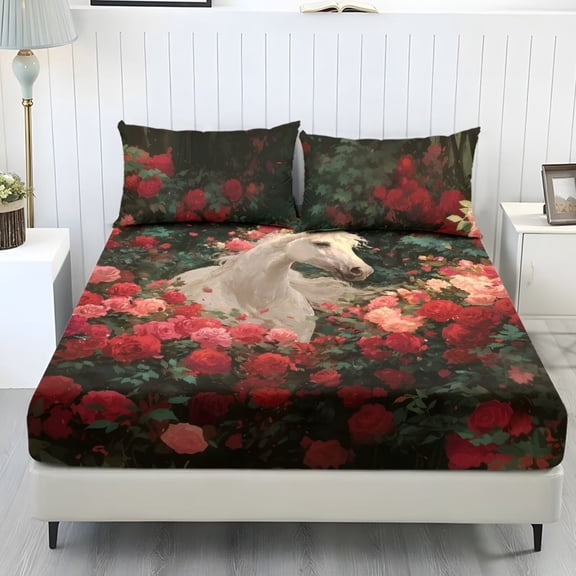 Xixirimido Horse Red Roses Print Sheet Set Soft Fade Resistant 3 Piece Bed Sheet Set All Around Elastic Fitted Sheet & Pillowcases Home Bedroom Decor, King Size