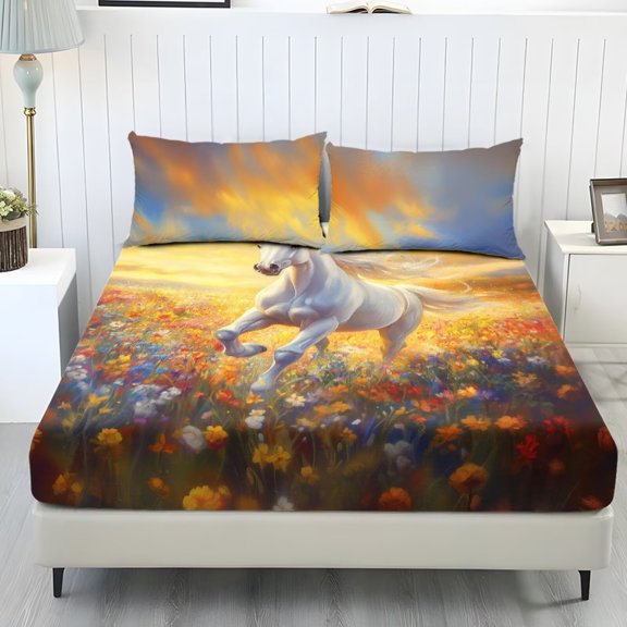 Xixirimido Horse Vibrant Flowers Sunset Glow Print Sheets Set - 3 Piece Soft Breathable Bed Sheet Set - Deep Pocket Non-Slip 1 Fitted Sheet and 2 Pillowcases for All Season, Twin Size