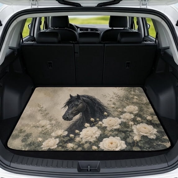 Xixirimido Horse White Roses Print Universal Car Trunk Mat, All Weather Trunk Protection Cargo Liner Stylish Vehicle Interior Accessories Durable Cargo Mat 29" x 39"