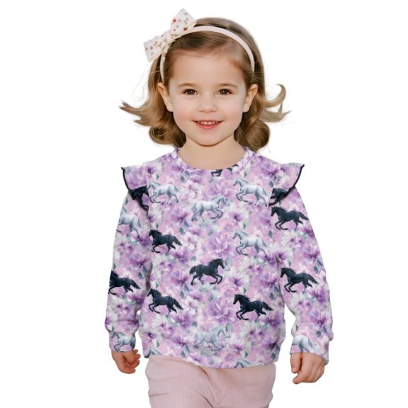 Xixirimido Horses Floral Purple Print Toddler Girls Sweatshirt Ruffle Shoulder Long Sleeve Sweatshirts Graphic Pullover Top Girls Sweater Casual Fall Winter Clothes, for 1-2T