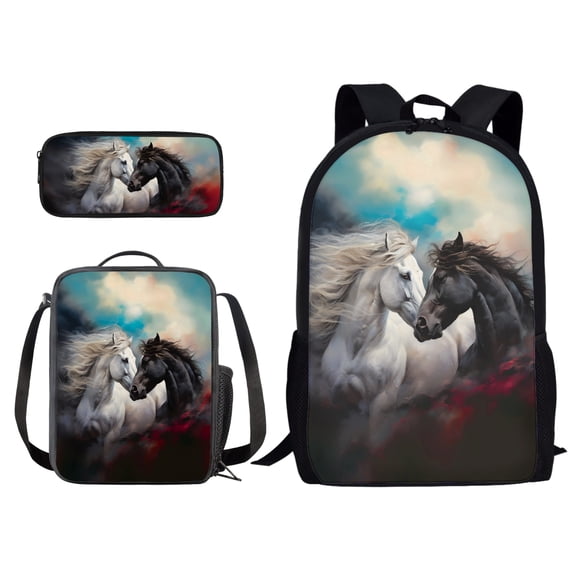 Xixirimido Horses Pattern Back to School Backpack Set of 3 Primary/Middle Schoolbag Thermal Lunch Box Pencil Bag 3 in 1 for Boys Girls