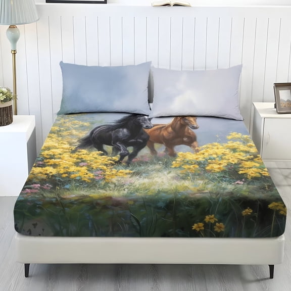 Xixirimido Horses Vibrant Flowers Print Sheet Set Breathable Fitted Bottom Sheet Soft Wrinkle-Resistant Durable Bedding Set with Deep Pockets for Home Decor, Twin Size