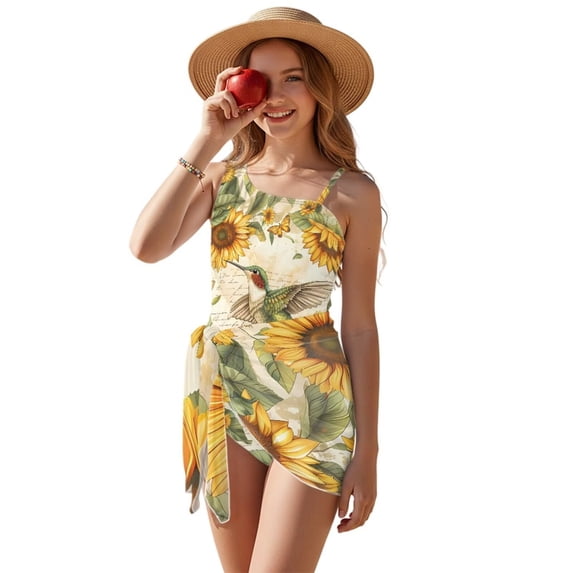 Xixirimido Hummingbird Butterfly Sunflower Print Girls Swimsuit One Piece with Removable Bra, One Shoulder Adjustable Strap Swimwear with Mesh Cover Up Bathing Suit for Girl, Size 9-10 Years