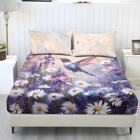 Xixirimido Hummingbird Daisy Purple Lanvender Print Sheet Set Comfy Easy Care 3 Pieces Bedding Set 1 Fitted Sheet & 2 Pillowcases, All Around Elastic Bed Sheet for Women Men, Twin Size