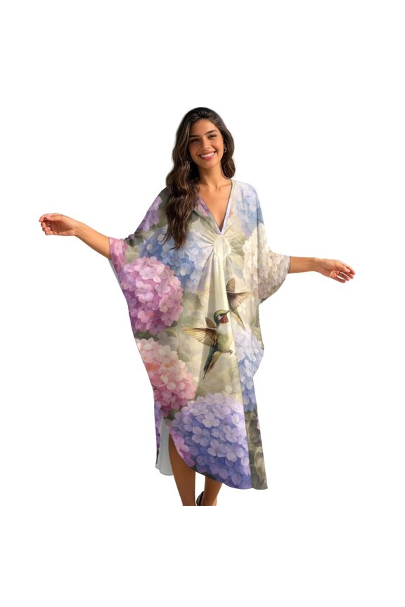 Hummingbird Hydrangea Floral Print Kaftan Dresses for Women Plus Size V Neck Caftans Long Batwing Sleeve Beach Cover Ups Summer Beach Dress