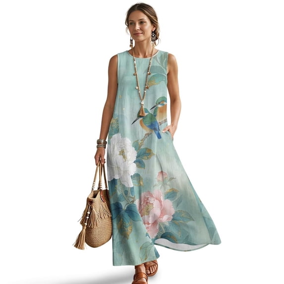 Xixirimido Hummingbird Peony Flowers Print Linen Summer Dresses for Women Sleeveless A-line Flowy Maxi Dresses Casual Beach Vacation Sundresses with Pockets, Medium