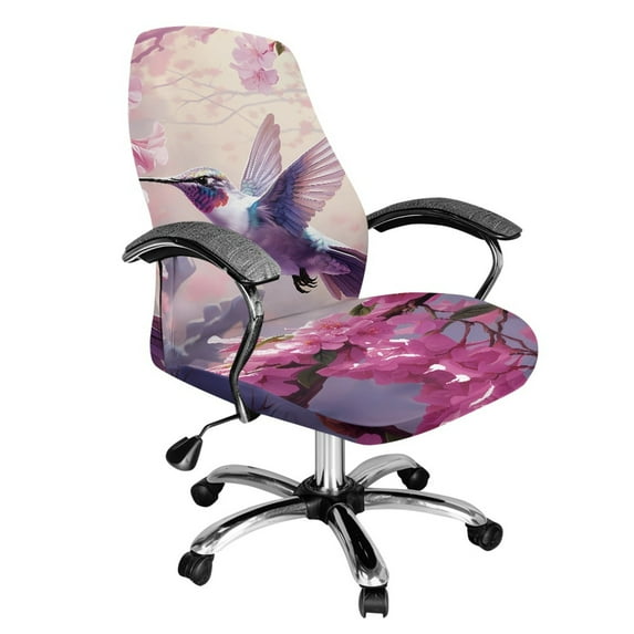 Xixirimido Hummingbird Pink Floral Print Computer Office Chair Covers Stretchable Soft Fit Universal Desk Rotating Slipcovers, Removable Washable Chair Protector Cover with Button, Large