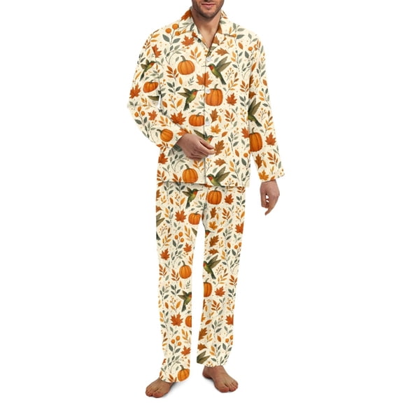 Xixirimido Hummingbird Pumpkin Maple Leaf Print Mens Ultra Soft Pajama Set, Stretch Long Sleeve Lounge Pjs Button-Down Lightweight & Cozy Sleepwear with Pockets, X-Small