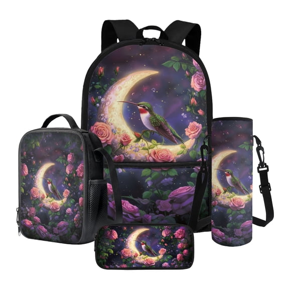 Xixirimido Hummingbird Rose Floral Moon Pattern 4Pcs School Backpack Set for Kids 17 Inch Large Bookbag with Insulated Lunch Box, Pencil Case, Water Bottle Holder Back to School Gifts