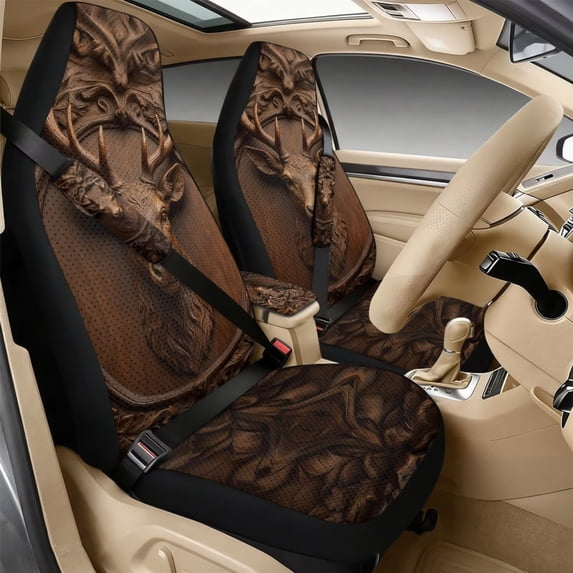 Xixirimido Hunting Deer Brown Print Car Seat Protection Set 5 Pieces Breathable PU Leather Front Seat Covers with Seat Belt and Console Covers Universal Fits Most Cars