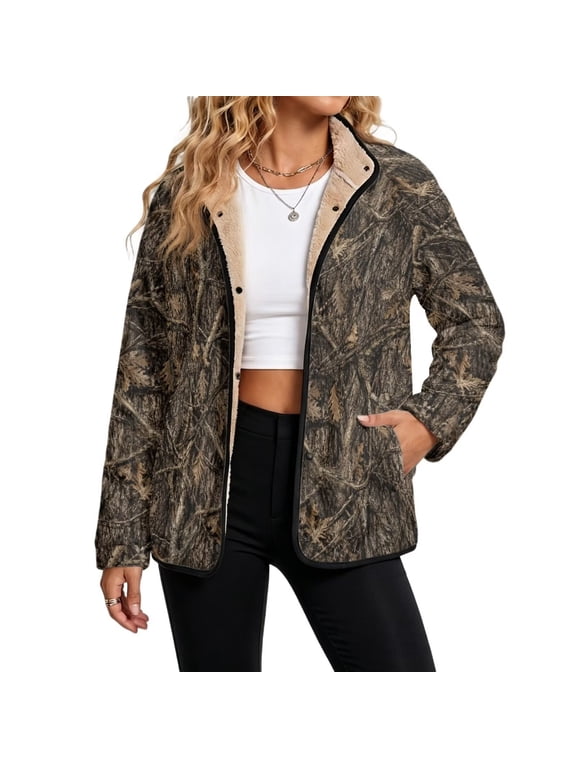 Hunting Tree Camo Women Fleece Jacket Stand Collar Winter Coat, Cozy Sherpa-Lined, Stand Collar Snap Button Jacket, Deep Pockets, Loose Fit, for Fall Winter Casual Daily Wear, Medium