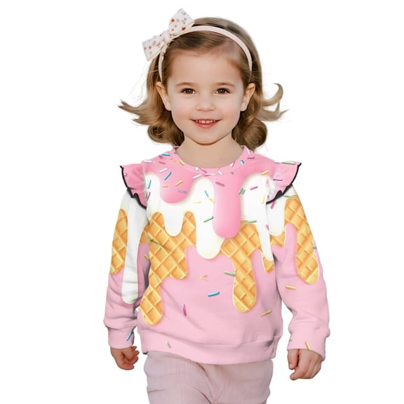 Xixirimido Ice Cream Pink Print Toddler Girls Sweatshirt Crewneck Pullover Long Sleeve Tops Blouse Graphic Sweater T-Shirt Fall Winter Clothes Ruffle Shoulder, for 1-2T