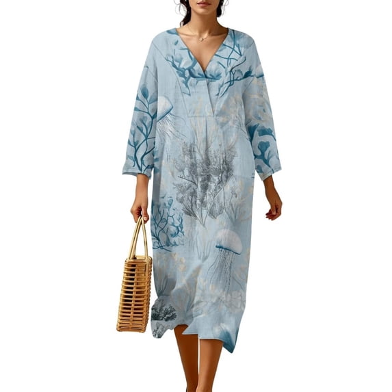 Xixirimido Jellyfish Corals Blue Print Women Linen Dresses 3/4 Sleeve V Neck Loose Dress for Women Casual A-Line Midi Beach Dress for Spring Summer S