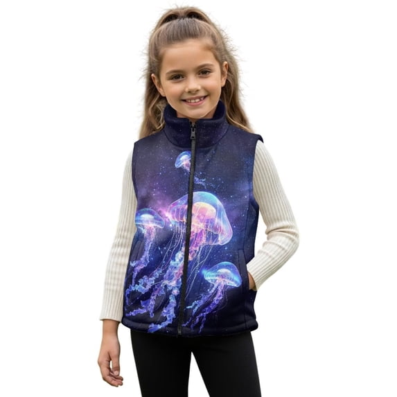 Xixirimido Jellyfish Galaxy Pattern Girls Boys Zippered Vest Warm Soft Fleece Vest for Kids Sleeveless Stand Collar Jacket with Pockets Fall Winter Outerwear for 2T