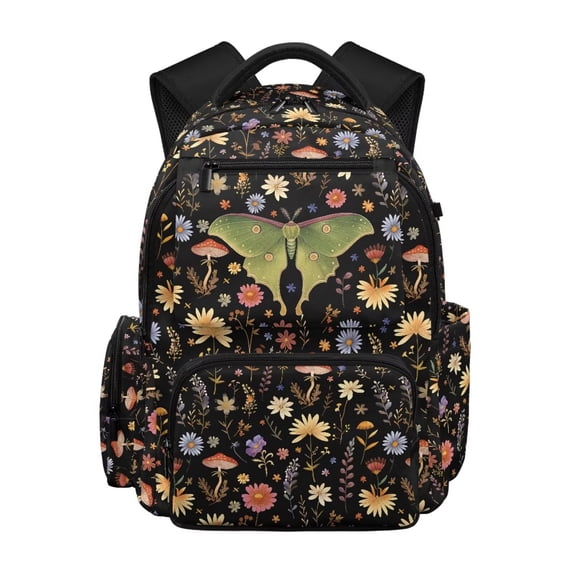 Xixirimido Kids School Backpack, 17" Large Capacity Bookbag, Multi Pockets School Bag for Boys Girls Teens Preschool Elementary Middle High School, Moth Wildflower Mushroom