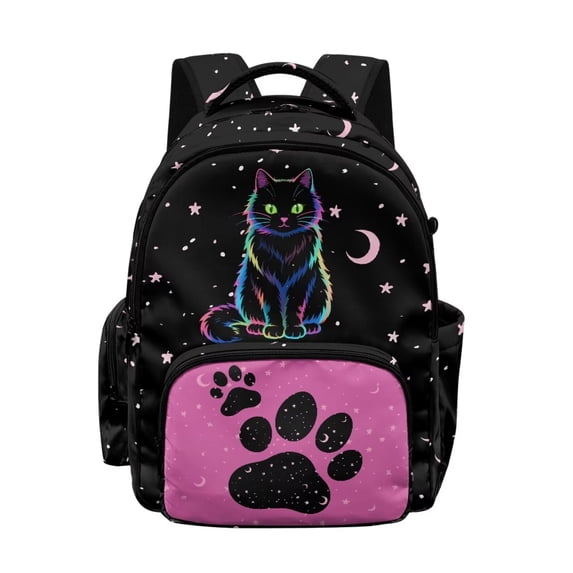 Xixirimido Kids School Bag 17" Backpack for Boys & Girls Lightweight Large Capacity Bookbag for Elementary Middle School Students, Cat & Paw Moon Stars Print