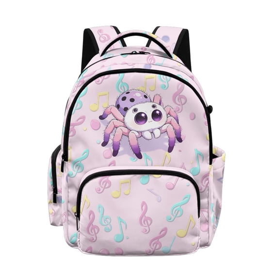 Xixirimido Kids School Bag 17" Backpack for Boys & Girls Lightweight Large Capacity Bookbag for Elementary Middle School Students, Jumping Spider Music Notes Pink Print