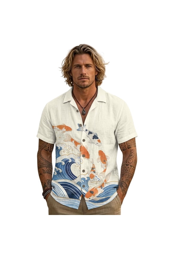 Koi Fish Sea Wave Print Men's Summer Linen Shirt, Cuban Collar Short Sleeve Breathable Casual Beach Button Down Shirts, Large