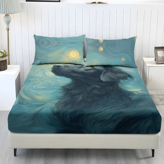 Xixirimido Labrador Retriever Starry Night Print Fitted Sheet and Pillowcases Set, Luxury Soft Bed Sheet All Around Elastic Bedsheet Deep Pocket, 1 Fitted Sheet and 2 Pillowcases, Twin Size