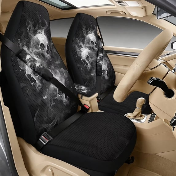 Xixirimido Leather Seat Cover Front Seats Only, Universal Fit Auto Front Seat Covers for Sedan Van SUV Truck 5 Pcs Set with Seatbelt Covers & Center Console Cover, Black Skulls