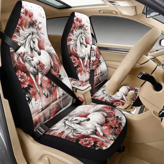 Xixirimido Leather Seat Cover Front Seats Only, Universal Fit Auto Front Seat Covers for Sedan Van SUV Truck 5 Pcs Set with Seatbelt Covers & Center Console Cover, Horse Peony Flower