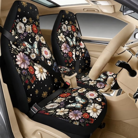 Xixirimido Leather Seat Cover Front Seats Only, Universal Fit Auto Front Seat Covers for Sedan Van SUV Truck 5 Pcs Set with Seatbelt Covers & Center Console Cover, Butterfly Daisy Flowers Moon