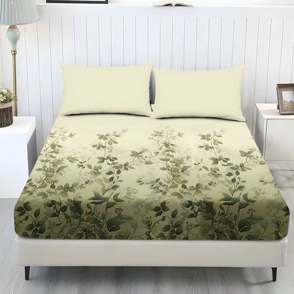 Xixirimido Leaves Green Print 3Pcs Fitted Sheet Set Soft Bed Sheet with 2 Pillowcases Wrinkle Resistant Bedding Set Breathable Mattress Sheets, Twin Size