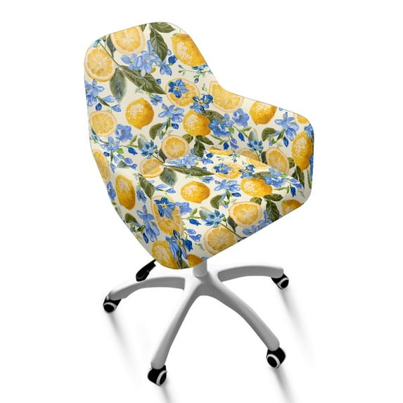 Xixirimido Lemon Blue Floral Pattern Swivel Armchair Accent Dining Chair Cover, Stretch Mid-Back Office Desk Chair Slipcover Leisure Arm Chair Protector Soft Covers for Home