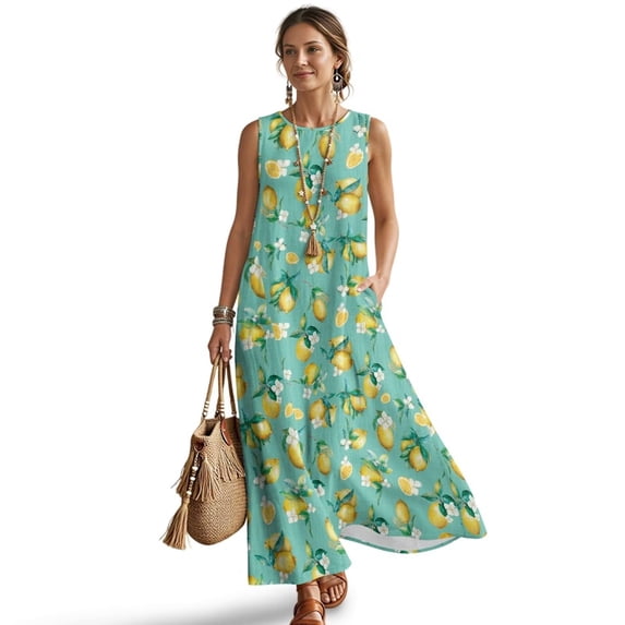 Xixirimido Lemon Floral Green Print Summer Dresses for Women Linen-like Flowy Casual Sleeveless Maxi Dress Beach Vacation Sundresses with Pockets, XX-Large