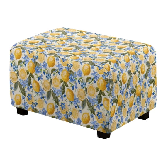 Xixirimido Lemon Vintage Floral Blue Pattern Ottoman Cover Rectangle Stretch Footrest Stool Cover for Storage Ottoman, Foot Stool Slipcover Protector with Nonslip Elastic Bottom, Large