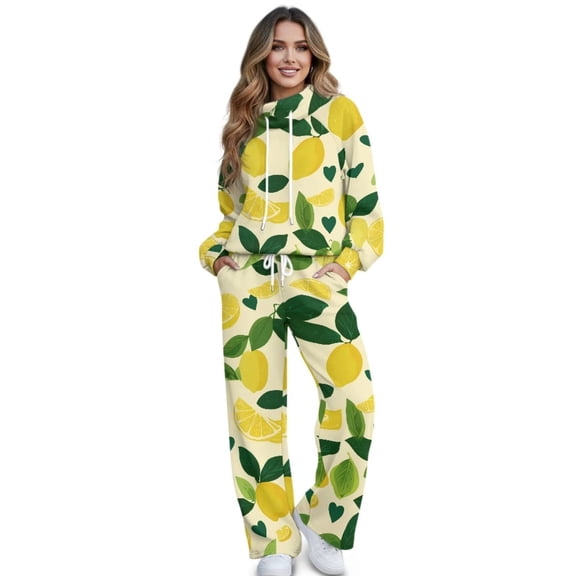 Xixirimido Lemon Yellow Print Womens Sweatsuits 2 Piece Outfits Long Sleeve Sweatshirt Wide Leg Sweatpants Matching Set Fall Winter Fashion Tracksuit Oversized, Large