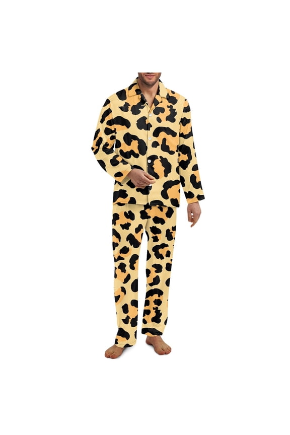 Leopard Beige Pattern Mens Pajama Set Soft Button Down Pajamas Long Sleeve Pjs Sleepwear Loungear Comfy Sleep Sets with Pockets, Large
