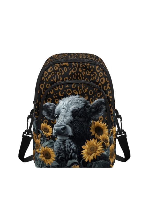 Leopard Cow Sunflower Pattern Small Sling Backpack Crossbody Sling Bag, Chest Bag Daypack Fanny Pack Cross Body Bag for Shopping Hiking Traveling, Black