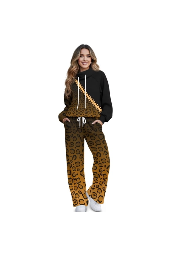 Leopard Zipper Print Womens Sweatsuits 2 Piece Outfits Long Sleeve Sweatshirt Wide Leg Sweatpants Matching Set Fall Winter Fashion Tracksuit Oversized, Large