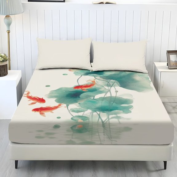 Xixirimido Lotus Leaf Koi Fish Print 3Pcs Fitted Sheet Set Soft Bed Sheet with 2 Pillowcases Wrinkle Resistant Bedding Set Breathable Mattress Sheets, King Size