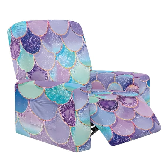 Xixirimido Mermaid Scale Pattern Printed Recliner Slipcover Stretch Reclining Chair Covers 4 Pieces Non Slip Recliner Sofa Slipcovers with Pocket Lazy Boy Chair Cover for Pet Kid
