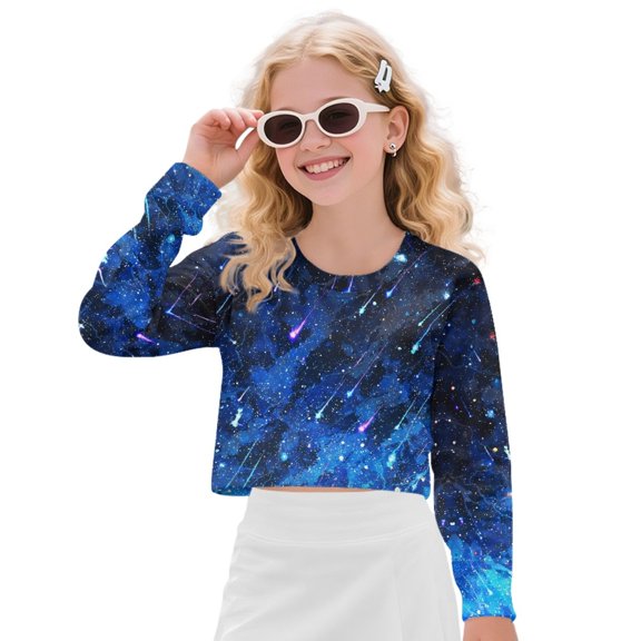 Xixirimido Meteor Shower Galaxy Girls Casual T-Shirts Long Sleeve Pullover Crop Tops 3D Graphic Crew Neck Cropped Sweatshirts for Spring Fall for 7-8 Years