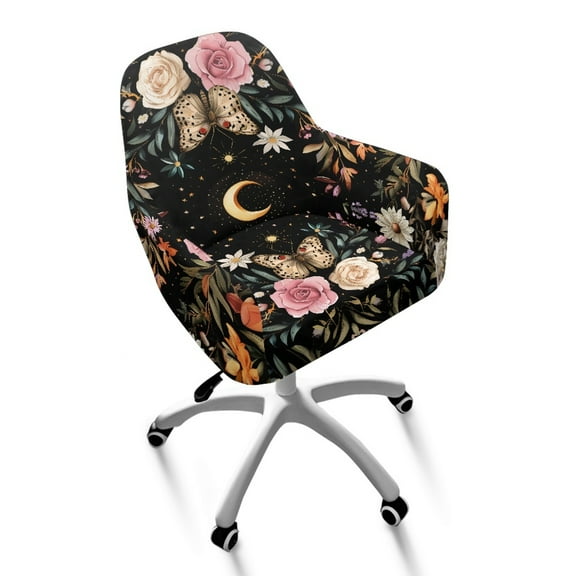 Xixirimido Moon Butterfly Rose Floral Pattern Office Chair Covers Computer Stretch Accent Dining Chair Covers Swivel Desk Chair Armrest Slipcover for Mid-Back Rotating Chairs