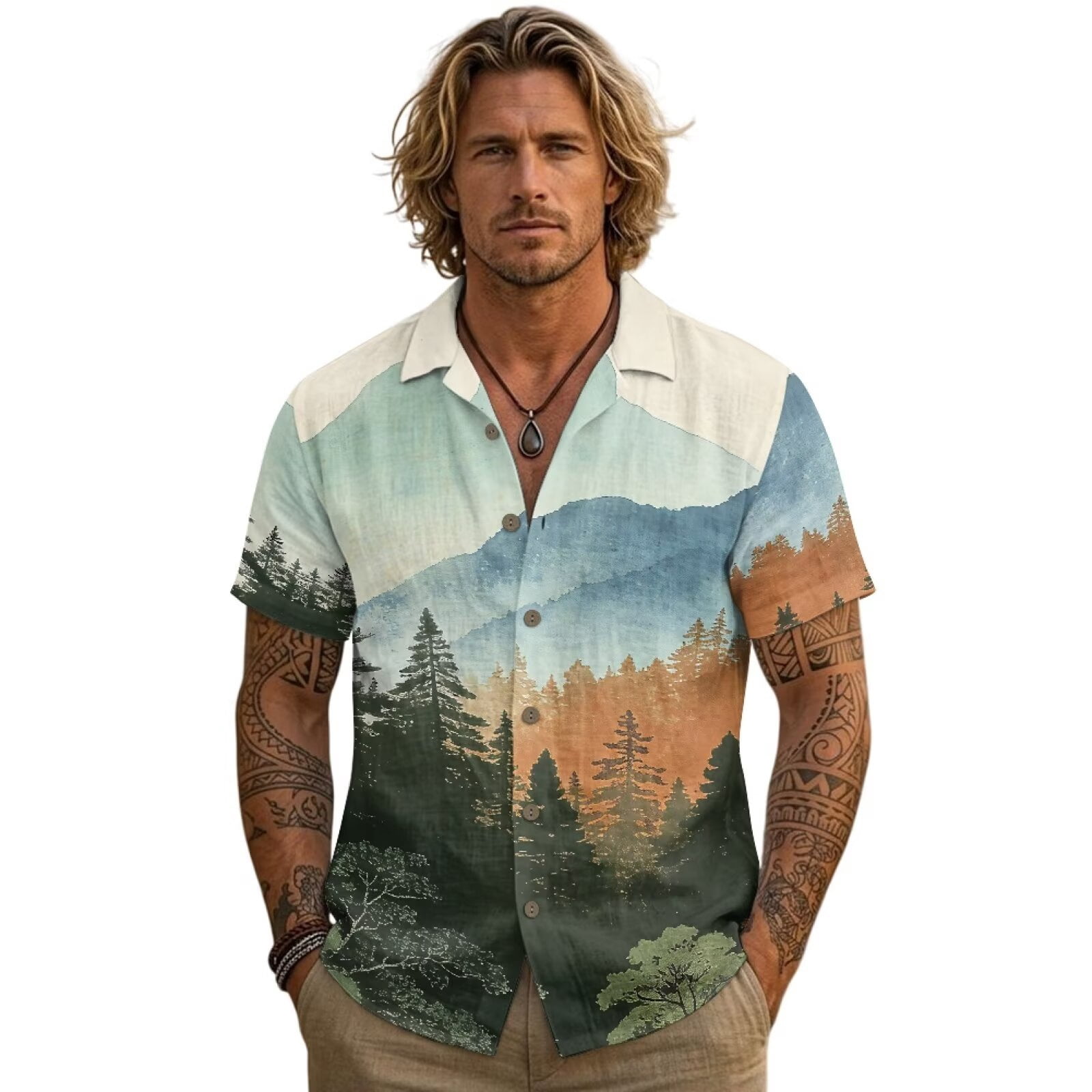 Xixirimido Cherry Blossom Sea Wave Sunset Print Men's Linen Short