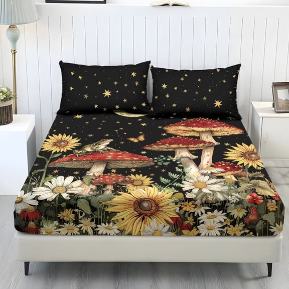 Xixirimido Mushroom Daisy Starry Night Print Sheet Set Breathable Fitted Bottom Sheet Soft Wrinkle-Resistant Durable Bedding Set with Deep Pockets for Home Decor, Twin Size