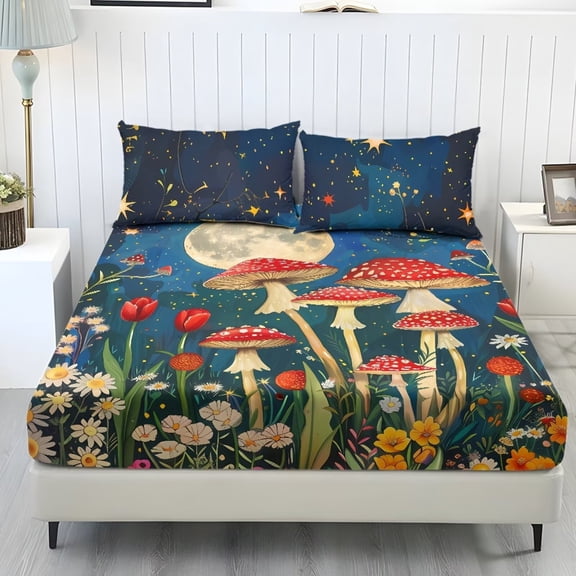 Xixirimido Mushroom Floral Moon Starry Night Print 3-Piece Bedding Set Hotel Luxury - Deep Pocket Fitted Sheet & 2 Pillowcases - Ultra Soft & Wrinkle Resistant, King Size
