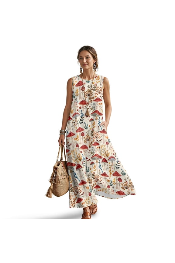 Mushroom Floral Print Women Maxi Dresses Casual Summer Dresses Tank Long Flowy Sleeveless Sundresses with Pockets Beach Vacation Outfits, Medium